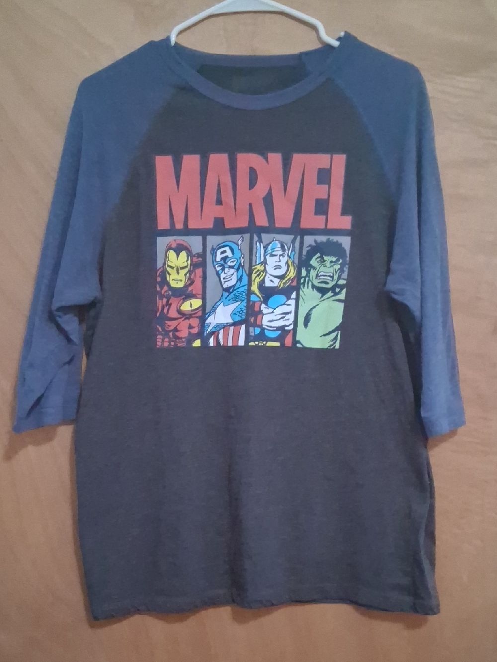 Marvel Blue Sleeve Raglan Tee with Red Logo and Multicolor Hero Panels